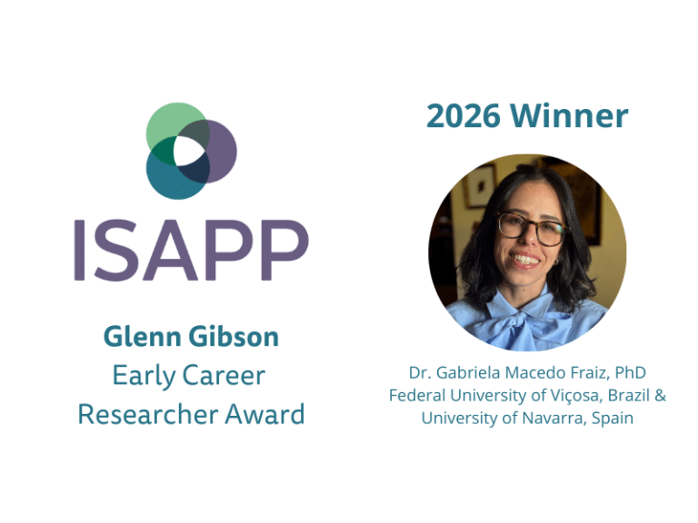 ISAPP logo and text saying Glenn Gibson Early Career Researcher Award, with a headshot of this year's winner, Dr. Gabriela Fraiz, PhD