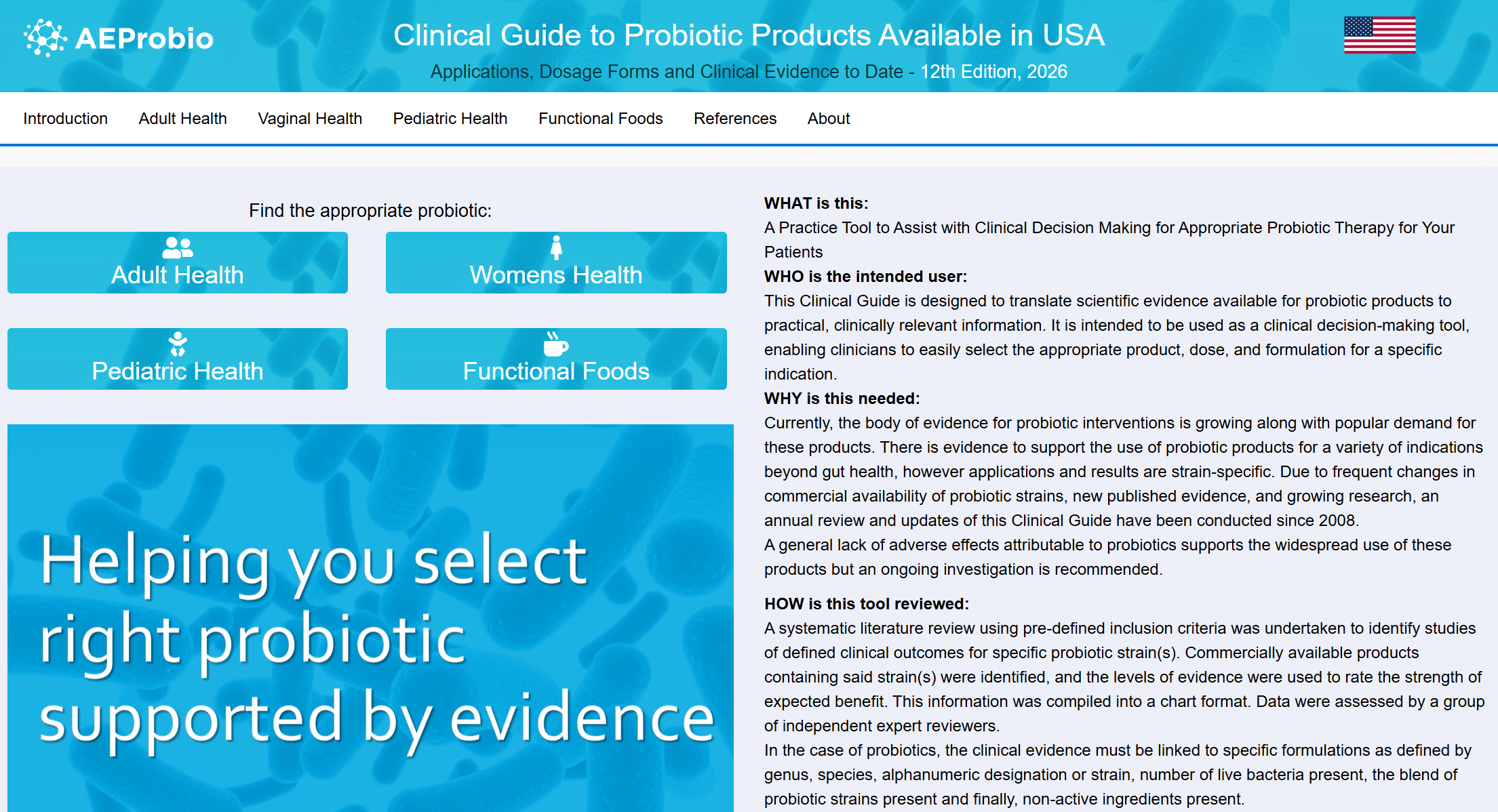 Webpage screenshot with text on top "Clinical guide to probiotic products available in USA"