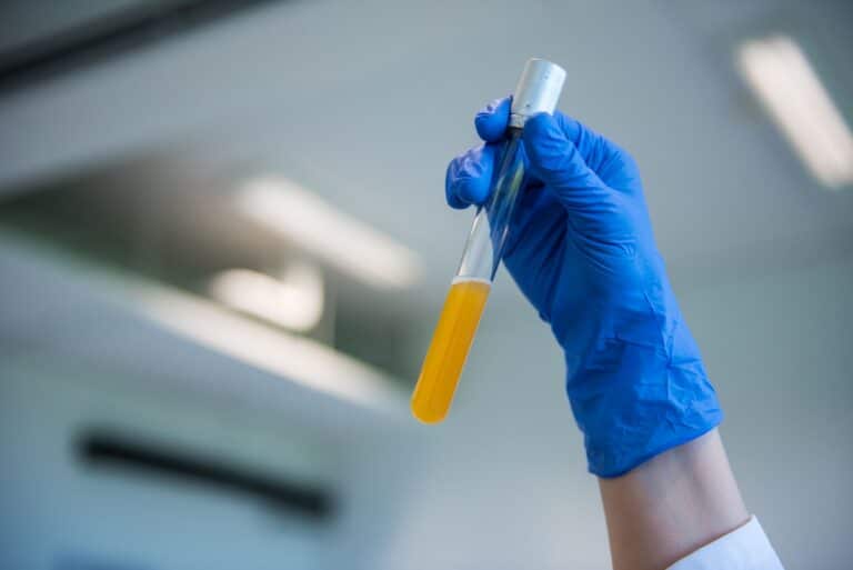 Test tube full of amber liquid, held up by a blue gloved hand in a science lab.
